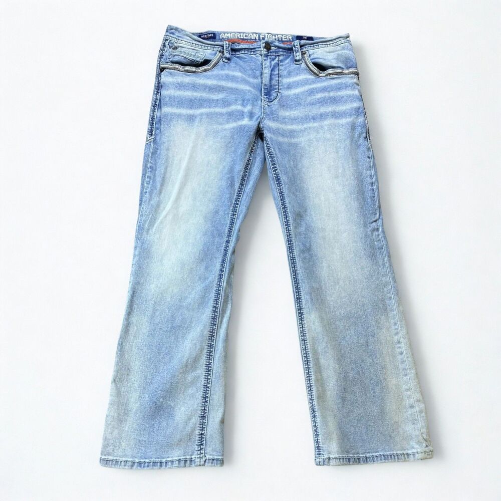 American Fighter Jeans Mens 38 Heritage Boot Cut Light Wash Stretch Embroidered